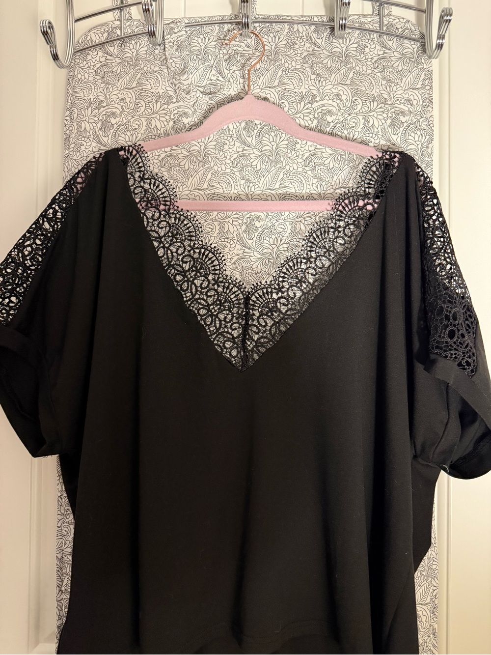 Black Lace-Trim Double V-Neck Women's Top